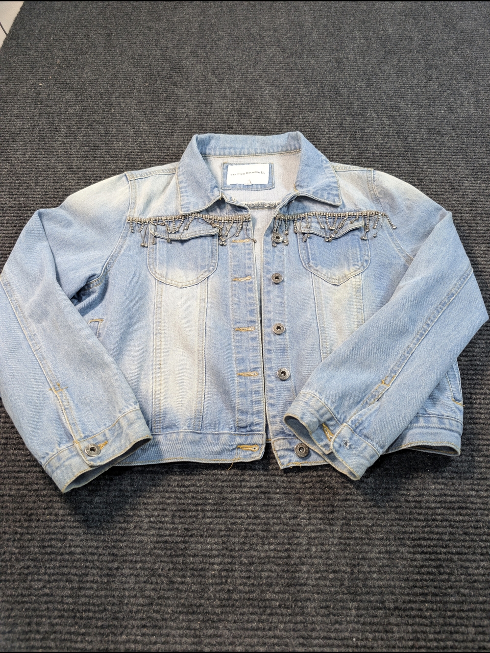 Light Blue Women's Denim Jacket with Beaded Fringe